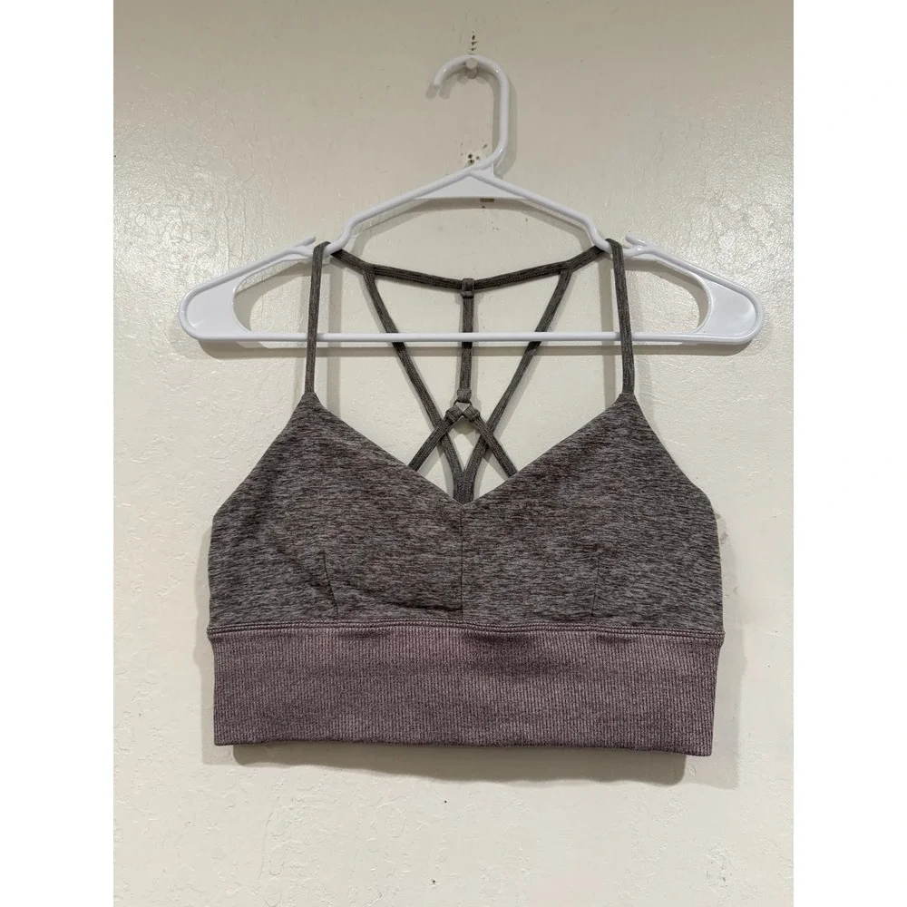 Alo Yoga Alosoft Lush Bra Dark Plum Heathered Strappy Back Sports Bra Size M